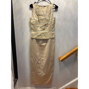 Gold & Beige Sleeveless Brocade Cocktail Dress With Metallic Stripes & Pencil Sk